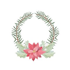 christmas wreath with poinsettia isolated on white