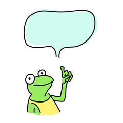 Funny green frog points to speech bubble