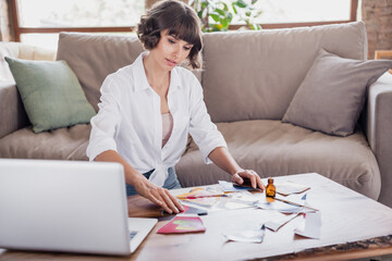 Photo of think brunette millennial lady do art wear white shirt sit at home alone