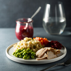 Roasted pork with quinoa and edamame beans