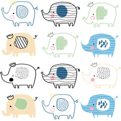 Seamless pattern with cute elephants.Vector illustration for printing on packaging paper, fabric, postcard, clothing. Cute children's background.Vector hand drawn illustration.