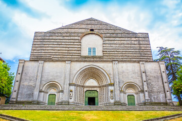 Naklejka premium Catholic Church of the Middle Ages in Italy town of Todi. Streets of medieval Italy. Tourist route, vintage city of Rome. Roman streets. Travel and tourism in Europe
