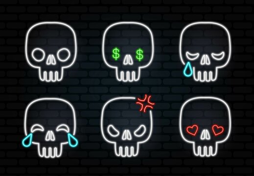 Vector Emoji neon Skull set with Different Reactions Isolated on black Background. Modern Emoticons Collection in Flat Style. Halloween elements. 