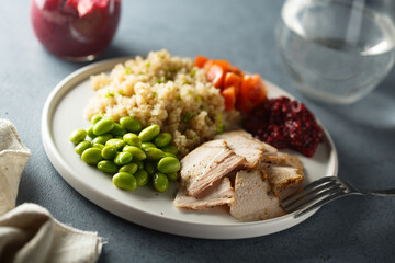 Roasted pork with quinoa and edamame beans