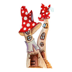 Watercolor Fantasy gnome house, little house. Gnome houses icons, cartoon fantasy building made of plants.