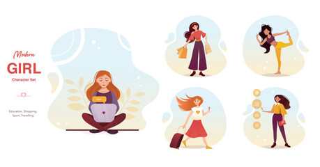 Set of young woman illustration, modern girls, vector illustration  
