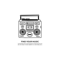 Old school radio tape recorder doodle in black and white. Vintage boombox icon. Hand drawn illustration. Find your music text.