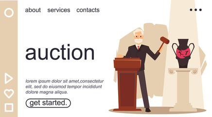 Auction site with an auctioneer makes announcement, flat vector illustration. - obrazy, fototapety, plakaty