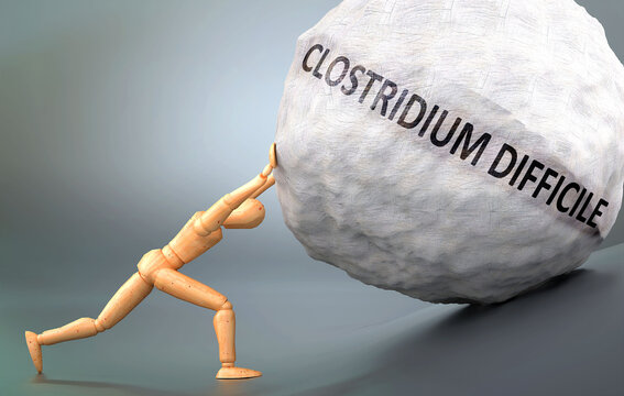 Depiction of Clostridium difficile shown a wooden model pushing heavy weight to symbolize struggle and pain when dealing with Clostridium difficile, 3d illustration