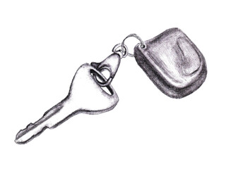 Key and keychain. Pencil