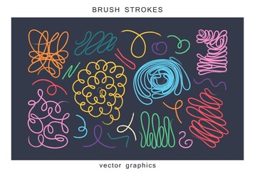 Set of tangled doodles of brush strokes. Trendy minimalistic design elements. Vector template