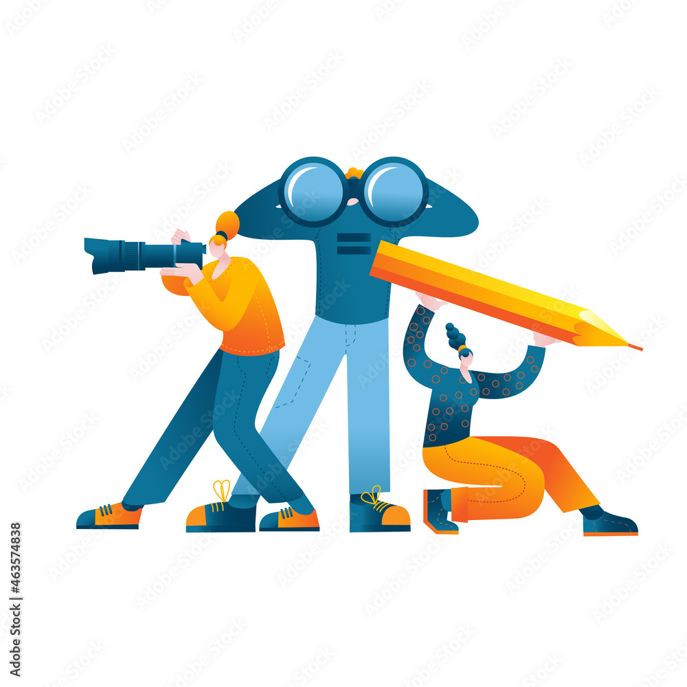 Poster characters with binoculars, a camera and a pencil. vector illustration in a flat style on the topic 