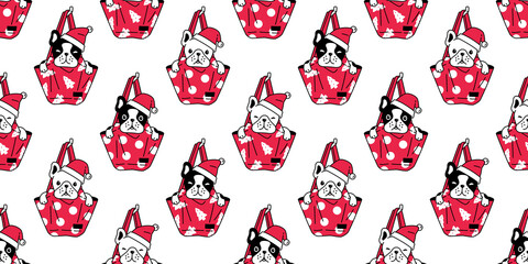 dog seamless pattern Christmas french bulldog Santa Claus hat shopping bagvector scarf isolated cartoon repeat wallpaper tile background illustration design
