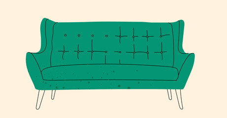 Bright, green, modern colorful comfortable sofa. Upholstered furniture for rest and relaxation.