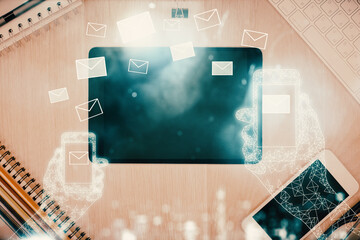 Multi exposure of envelop technology theme drawing over table with phone. Top view. Concept of...