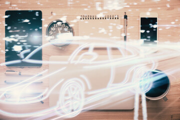 Multi exposure of auto technology theme drawing over table with phone. Top view. Concept of automatic pilot.