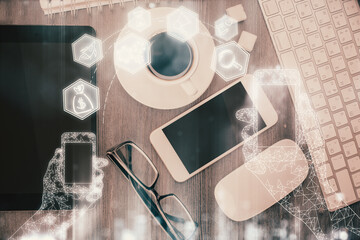 Multi exposure of technology theme drawing over table with phone. Top view. Concept of hightech.