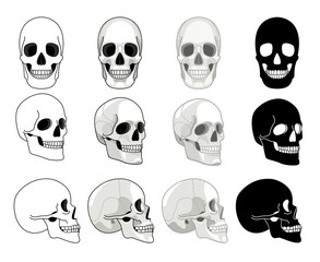 Skull sides. Front and side views drawn skull collection for evolution cemetery death medical tattoo concepts, human anatomy cartoon skeleton head bone vector drawing illustration set