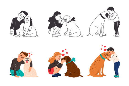 Children puppies friendship. Kids love dogs vector on white, kid look hug cuddle petting and kiss dog, people and pets happy loves lifestyle colorful and monochrome cartoon images