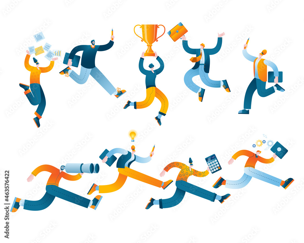 Poster successful characters have fun jumping or running. vector illustration in a flat style on the succes