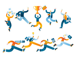 Successful characters have fun jumping or running. Vector illustration in a flat style on the success of teamwork.