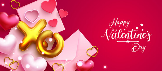 Fototapeta na wymiar Happy valentines greeting vector design. Happy valentine's day text with gold balloon and envelope elements for elegant valentine invitation card decoration. Vector illustration. 