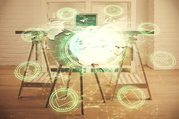 Double exposure of social network theme drawing and office interior background. Concept of web.