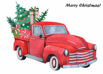 Vintage red pick up truck with christmas tree and gifts. Christmas  truck on white background. Watercolor illustration.