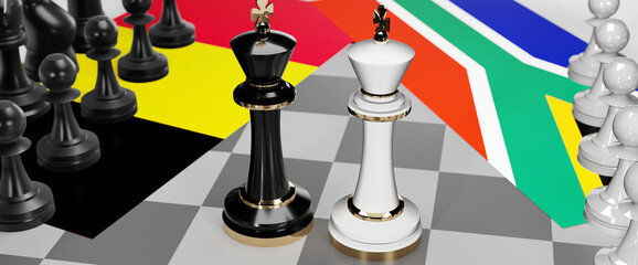 Belgium and South Africa conflict, clash, crisis and debate between those two countries that aims at a trade deal and dominance symbolized by a chess game with national flags, 3d illustration