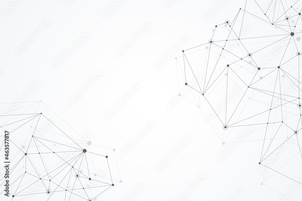 Poster Abstract polygonal background with connected lines and dots. Minimalistic geometric pattern. Molecule structure and communication. Graphic plexus background. Science, medicine, technology concept.