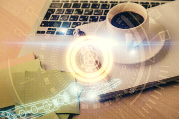 Double exposure of crypto technology drawing and desktop with coffee and items on table background. Concept of blockchain
