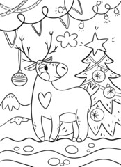 Coloring book page for Christmas. Deer near the Christmas tree and Christmas decorations.