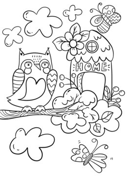 Cartoon owl coloring book page for paper design. Vintage nature graphic. Hand drawn sketch.