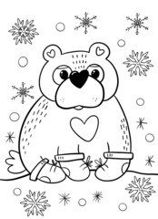Christmas coloring book page with a bear. Cartoon line animal. Holiday greeting card design. Funny cartoon character.
