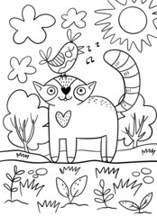 Animals coloring book for kids. Raccoon with a bird.
