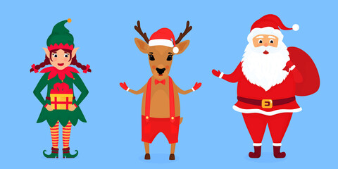 Christmas elf, Santa Claus and deer vector illustration
