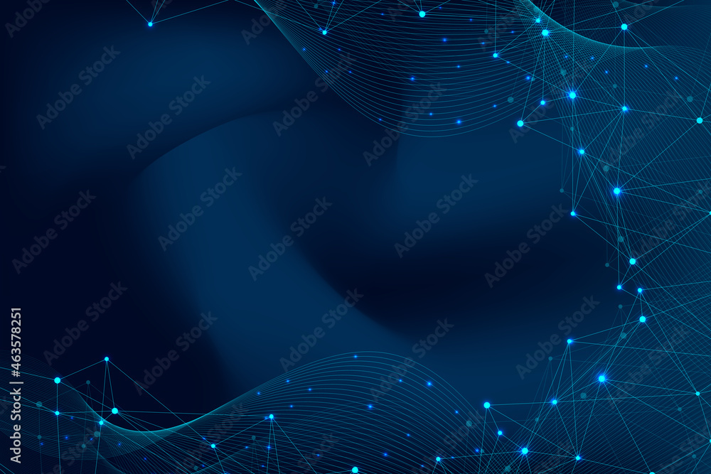 Poster Abstract plexus background with connected lines and dots. Wave flow. Plexus geometric effect Big data with compounds. Lines plexus, minimal array. Digital data visualization, illustration