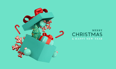 Obraz premium Christmas gifts box realistic 3d design. Xmas composition falling open blue gift boxes with festive decorative objects, Pine Tree, balls bauble. Happy new year holiday background. Vector illustration