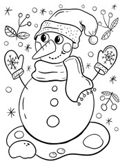 Christmas coloring book page with snowman.