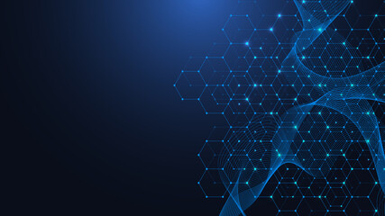 Technology abstract lines and dots connect background with hexagons. Hexagon grid. Hexagons connection digital data and big data concept. Hex digital data visualization, illustration.