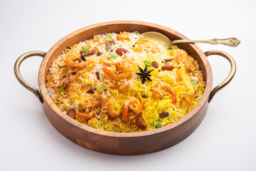 Tasty and delicious prawns biryani, jheenga pulav or shrimp pilaf