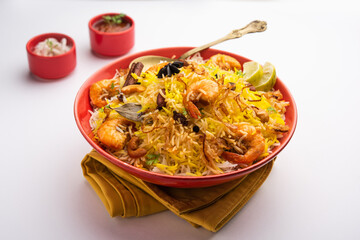 Tasty and delicious prawns biryani, jheenga pulav or shrimp pilaf