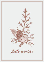Hand drawn vertical Merry Christmas and Happy New Year greeting card with conifer cones and juniper branches. Vintage vector illustration