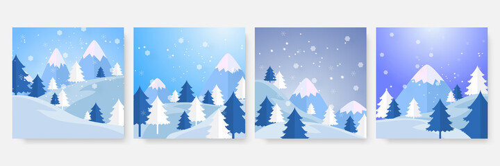 Winter christmas new year and end year sale square template for social media. Universal christmas winter card with snow, balloon, gift, tree, mountain, star, and snowflake, glitter, and snowman.