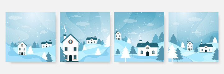 Fototapeta na wymiar Winter christmas new year and end year sale square template for social media. Universal christmas winter card with snow, balloon, gift, tree, mountain, star, and snowflake, glitter, and snowman.