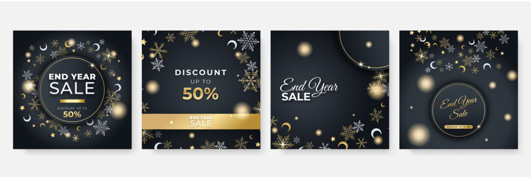 Winter christmas new year and end year sale square template for social media. Universal christmas winter card with snow, balloon, gift, tree, mountain, star, and snowflake, glitter, and snowman.