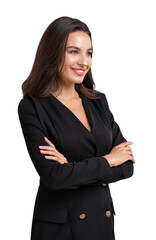 Portrait of smiling attractive business woman in crossed arms pose worn formal black jacket, confident look, isolated over white background. Concept of personal growth, management and success.