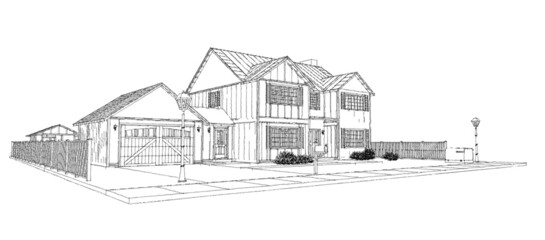 Modern beautiful house. Cottage design skech. 3D illustration.