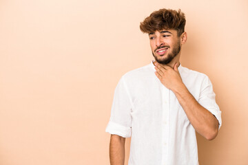 Young arab man isolated on beige background touching back of head, thinking and making a choice.