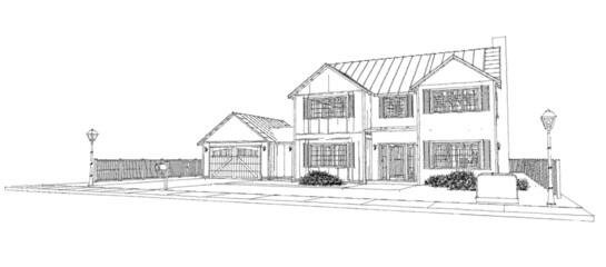 Modern beautiful house. Cottage design skech. 3D illustration.